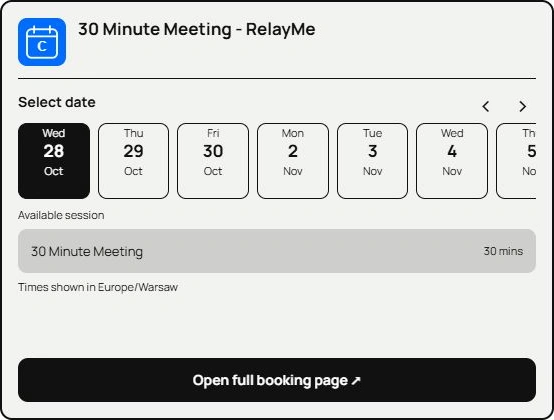 The real RelayMe Calendly card with available dates and the full booking-page button