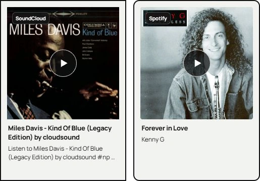 Actual SoundCloud and Spotify music cards on the RelayMe official page