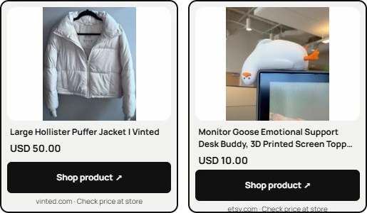 Real RelayMe product cards with product images, prices and shop buttons